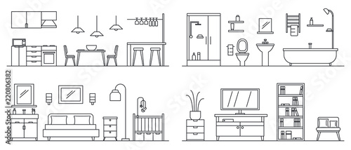 House interior banner set. Outline illustration of house interior vector banner set for web design