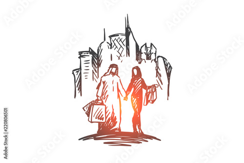 Shopping, city, muslim, arab, islam, men concept. Hand drawn isolated vector.