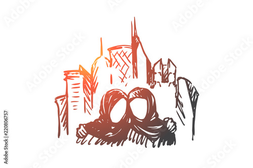 Megopolis, Muslims, Islam, friends, hijab concept. Hand drawn isolated vector.