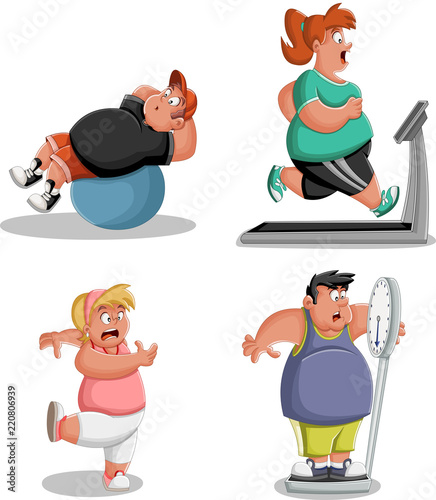 Cartoon over weight athletes training. Fat people working out.
