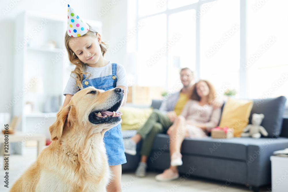 Cute child in birthday cap standing by her dog and cuddling him with relaxing parents on background Cute child in birthday cap standing by her dog and cuddling him with relaxing parents on background