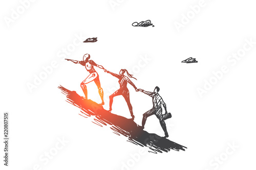 Goal, team, support, forward, motivation, automation concept. Hand drawn isolated vector.