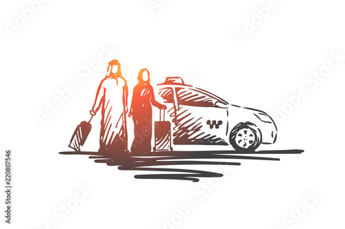 Travel, man, woman, business, Islam concept. Hand drawn isolated vector.