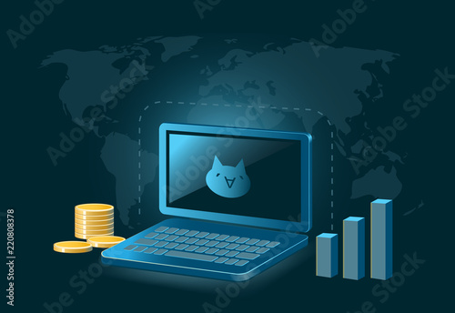 Monacoin Cryptocurrency Coin Global Laptop Trade Background 