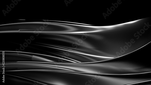 Black background with drapery, silver and lines. 3d illustration, 3d rendering.