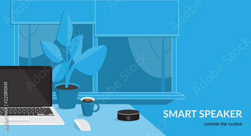 Smart speaker controls the routine. Flat vector illustration for mockup design of black home smart speaker with integrated virtual assistant at the workdesk with laptop in the room interior