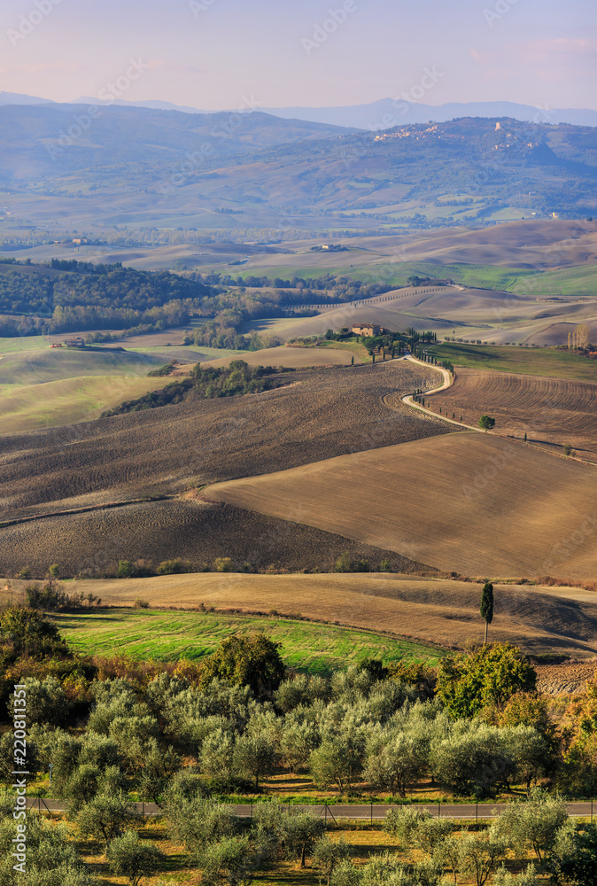 View of the valley of Val de Orcia from the city of Pienza. Tuscany. Italy.