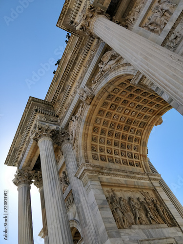 Arch of Peace details (Arco della Pace), city gate in the center of Milan near Sempione Park, Italy