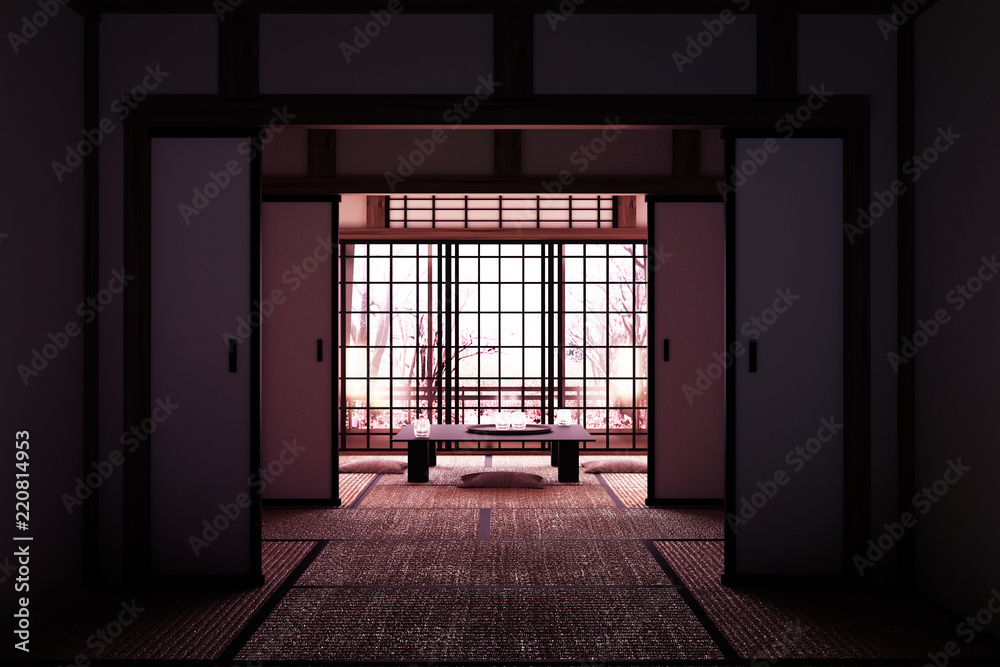 Original Design - Room interior with window view Sakura tree,Japanese style. 3D rendering
