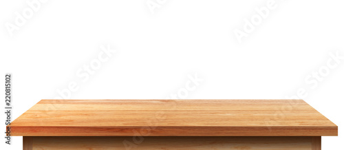 Empty wooden tabletop isolated on white background. For your product placement or montage with focus to the table top in the foreground. Empty pine wooden shelf. shelves