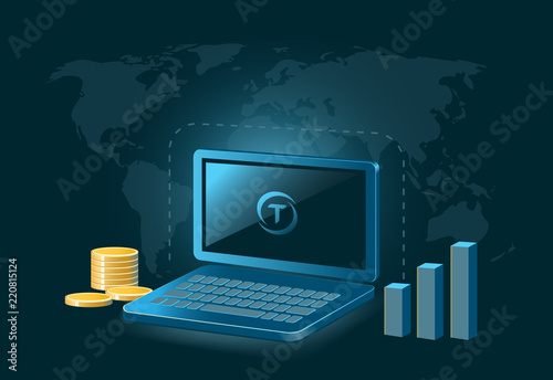 TrueUSD Cryptocurrency Coin Global Laptop Trade Background 