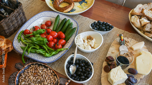 Turkish breakfast on wooden table