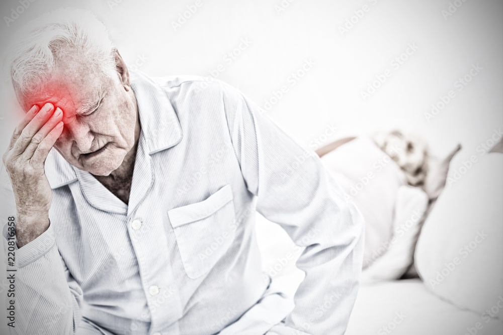 Composite image of old man suffering while woman sleeping Composite image of old man suffering while woman sleeping