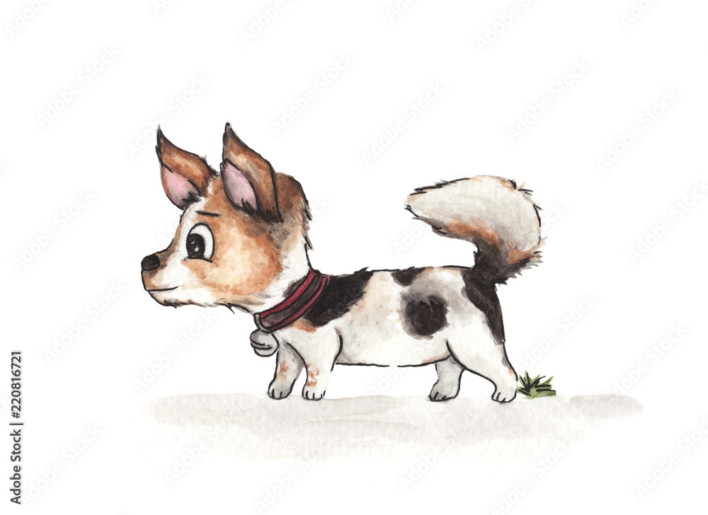 Cute puppy walking in front of white background, watercolor illustration. Cute puppy walking in front of white background, watercolor illustration.