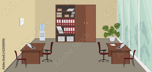 Beige office room with a large window. There are desks, red chairs, cabinets for documents, water cooler and a flower in the picture. Vector illustration.