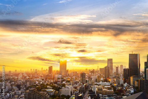 Photography cityscape of tokyo city sunset skyline in Aerial view with skyscraper, modern business office building with yellow gold sky background in Tokyo metropolis city, Japan