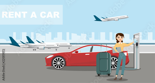 Woman is standing next the electric car and looks at the smart phone. The rental car is charging at the charging station for electric vehicles. Rent a car in the airport. 