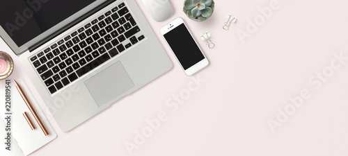 bright feminine banner / header with a stylish workspace with laptop computer, smartphone, modern office accessories and a small succulent on a blush table, top view / flat lay