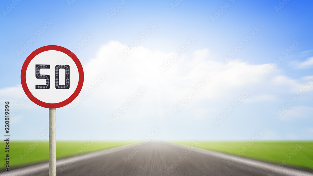 Traffic number 50 or Speed limit road sign on blurred asphalt road with colorful light background. Transport Concept Traffic number 50 or Speed limit road sign on blurred asphalt road with colorful light background. Transport Concept