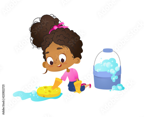 Concept of children doing household routines - little African-American girl mopping floor waering latex gloves, Concept of Montessori engaging educational activities. Cartoon vector illustration