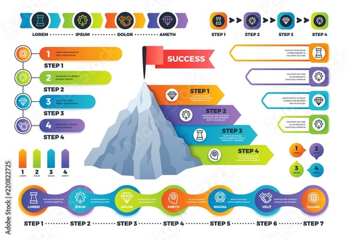 Step infographics. Pyramid graph with process options, infocharts and timeline. Marketing business infographic vector elements. Vector mountain infograph successful business, graphic