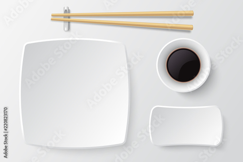 Chopsticks and empty sushi plate. Asian restaurant dishes vector mockup. Japanese plate restaurant for dinner meal illustration