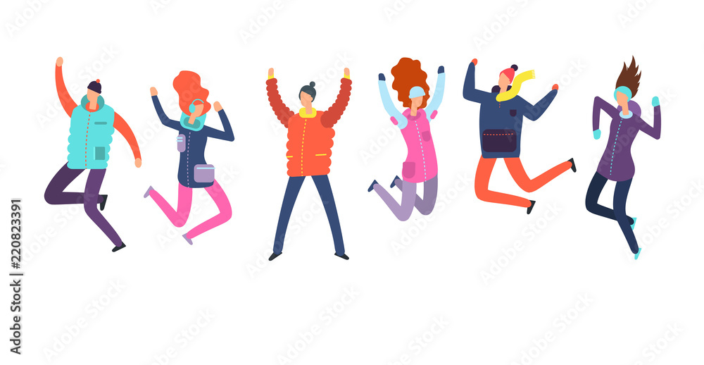 Cartoon people in winter clothes jumping. Happy merry christmas holiday vacation vector concept. Winter people jumping in clothes jacket and cap illustration