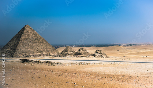 The pyramids of Giza, Cairo, Egypt; the oldest of the Seven Wonders of the Ancient World, and the only one to remain largely intact.