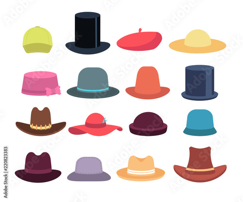 Cartoon hats. Male and female headgear. Hat and cap casual models, headdress vector isolated set. Illustration of hat and cap, fashion model accessory