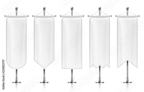 Vertical hanging banners. White empty flags on metal post. Fabric banner vector mockup isolated on white background. Collection of banner vertical for advertising, hanging fabric illustration