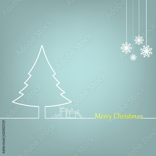 Christmas background with christmas tree, gift and snowflakes design. 