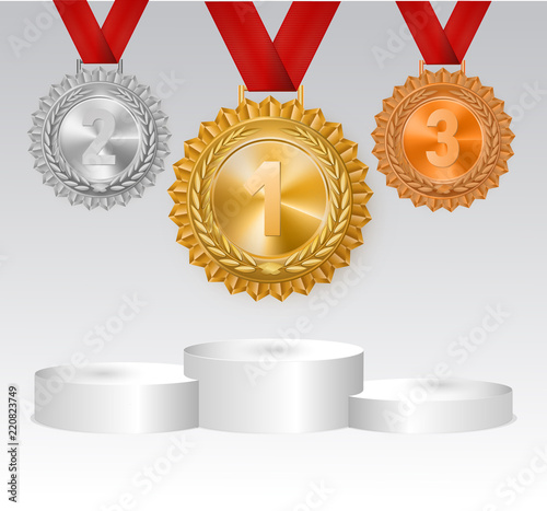 Winner background with golden, silver and bronze laurel wreaths with ribbons and first, second and third place signs on round pedestal.