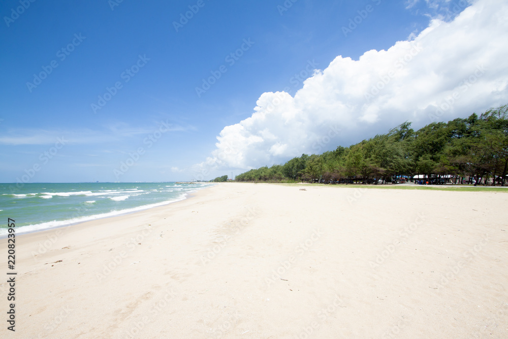 Beautiful sandy beach tropical sea and tree pine in Thailand. With big cloud on the sky.