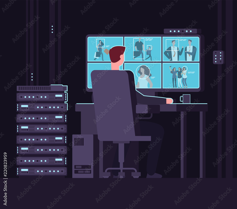 Surveillance monitoring room. Man watching surveillance camera on
