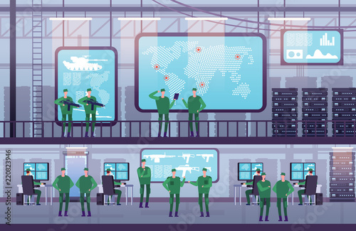 Military control center. People working with computer in government office. Futuristic control center with monitor. Vector illustration. Army base and center security military, controller geolocation