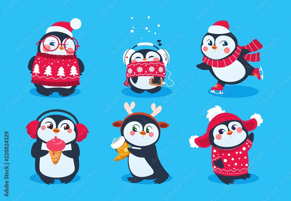 Christmas penguin. Funny snow animals, cute baby penguins cartoon  characters in winter hat. Isolated vector set of penguin animal polar in red  scarf and hat illustration Stock Vector | Adobe Stock