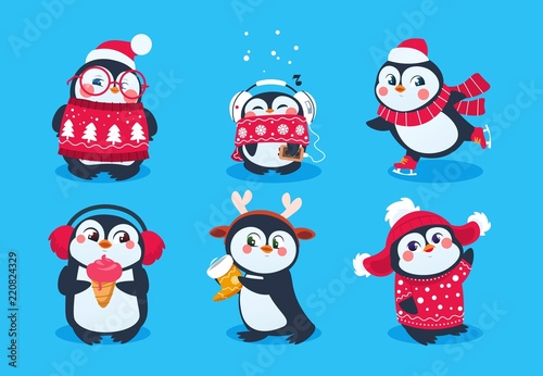 Christmas penguin. Funny snow animals, cute baby penguins cartoon characters in winter hat. Isolated vector set of penguin animal polar in red scarf and hat illustration