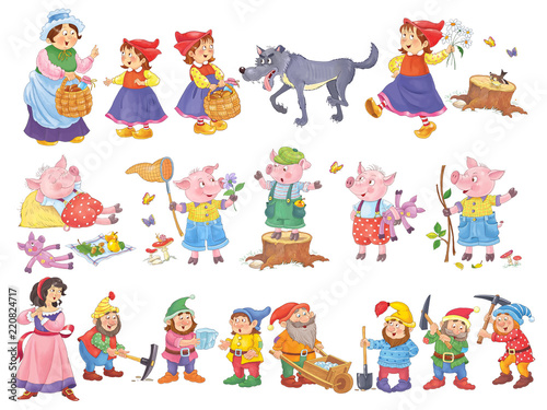 Fototapeta Naklejka Na Ścianę i Meble -  Set of cute fairy tale characters isolated on white. Coloring book. Coloring page. Cartoon