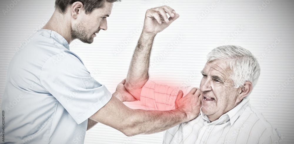 Obraz premium Composite image of physiotherapist assisting senior man to