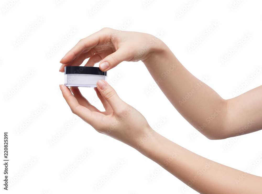 Young woman holding jar with powder isolated Young woman holding jar with powder isolated