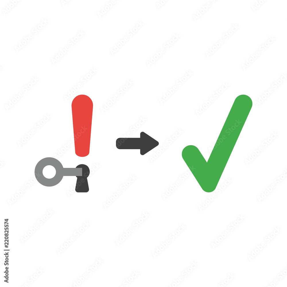 Vector icon concept of key unlock exclamation mark keyhole and check mark Vector icon concept of key unlock exclamation mark keyhole and check mark