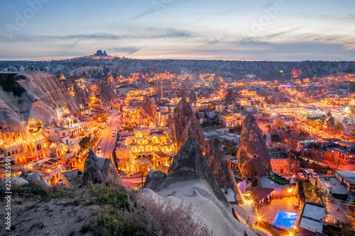 Beautiful view Goreme, Cappadocia, Turkey on sunset. Famous center of balloon fligths.