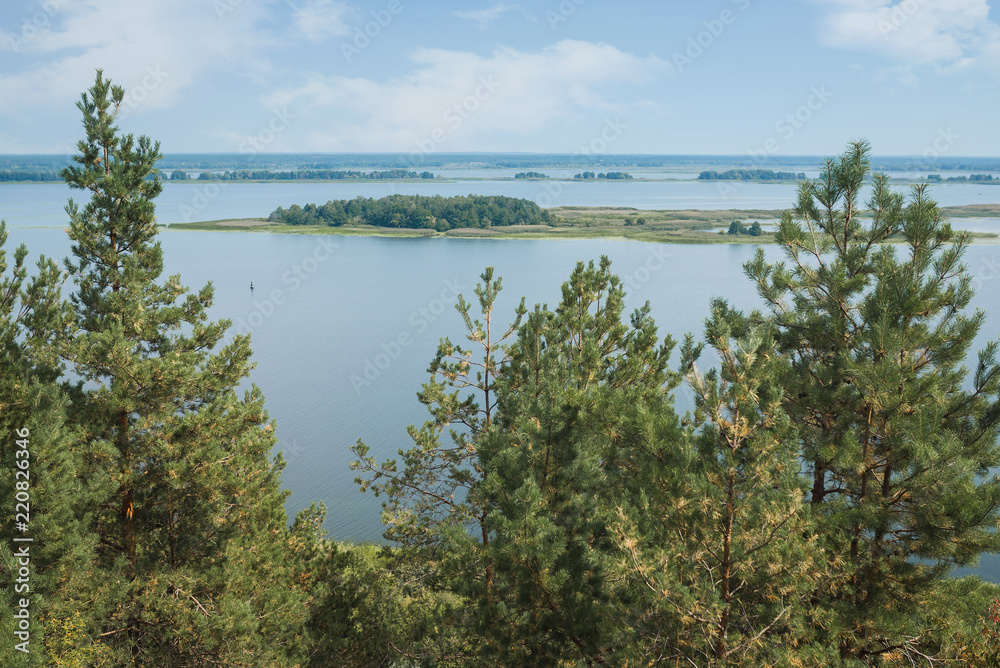 View of the Dnieper through the green pines. Prince's Spire, p. Vityach, Ukraine