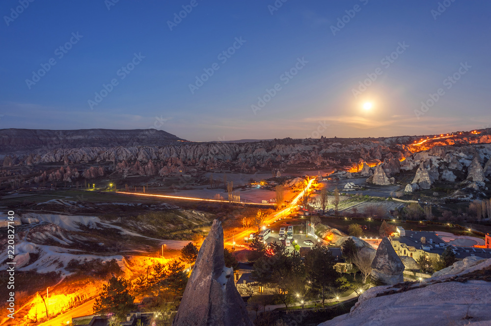 Beautiful view of Goreme Open Air Museum, Goreme, Cappadocia, Turkey on sunset. Famous center of balloon fligths.
