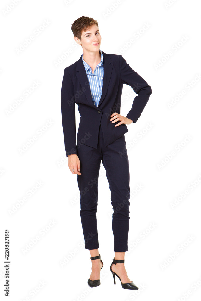 Full body young businesswoman in formal suit isolated against white background Full body young businesswoman in formal suit isolated against white background