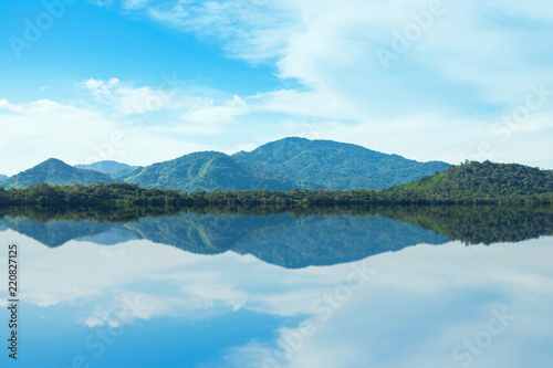 Scenic view of the mountain view with reservoir and blue sky in the background