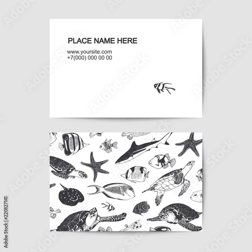 Visit card template with ocean inhabitants