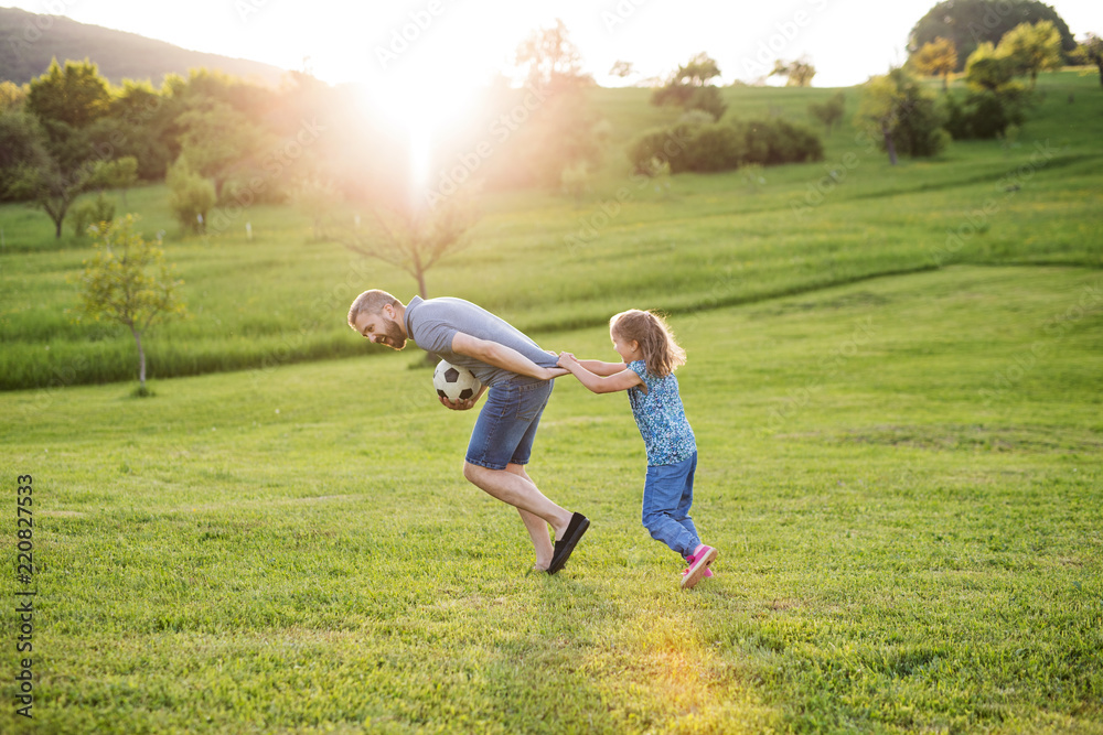 Father with a small daughter playing with a ball in spring nature at sunset. Father with a small daughter playing with a ball in spring nature at sunset.