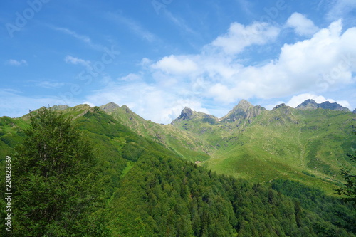 View at Tsashkibuli mountain pass in Caucasus Mountains on a hiking trail leading to Silver lakes in Georgia