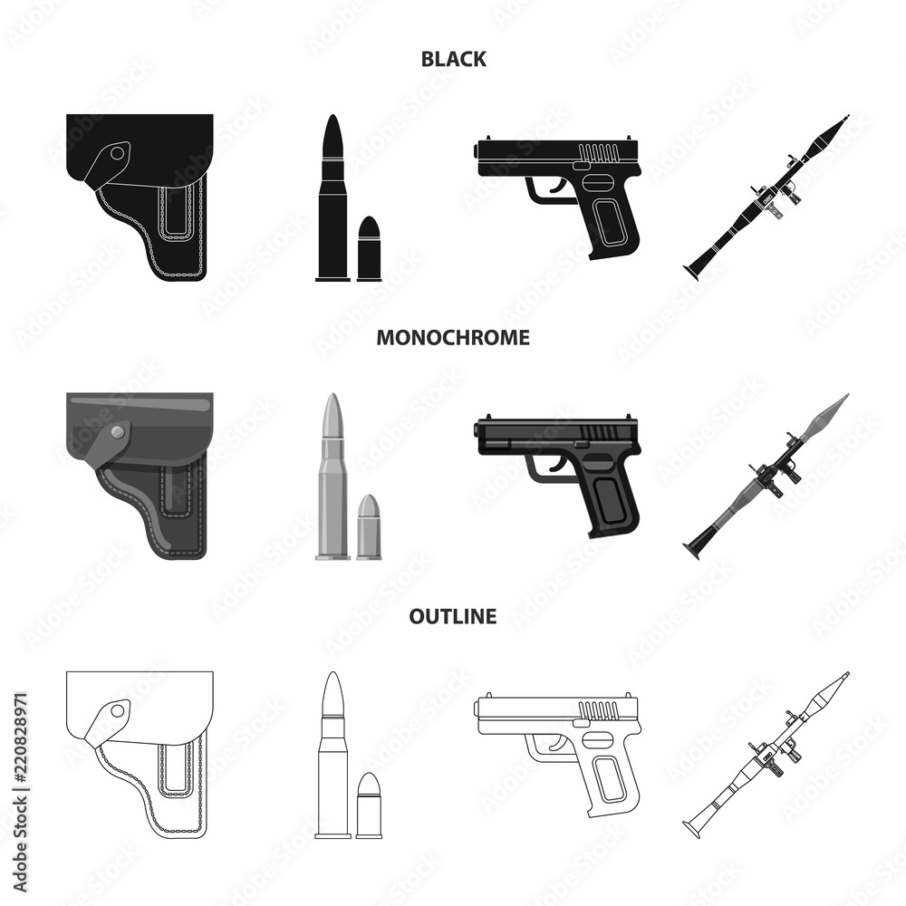 Isolated object of weapon and gun sign. Set of weapon and army vector icon for stock. Isolated object of weapon and gun sign. Set of weapon and army vector icon for stock.